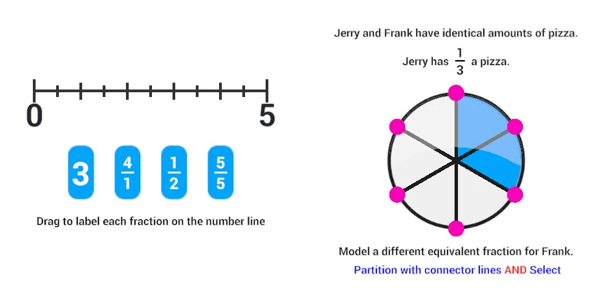 Two new RISE fraction models: a number-line drag question and a circle-model connector question