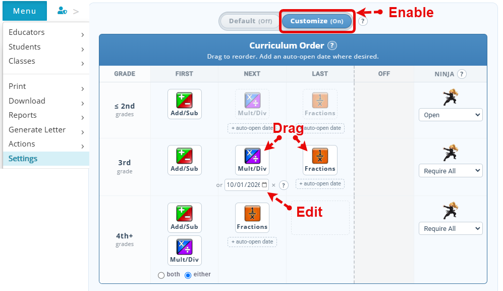 Curriculum Order settings, reached from Menu, Settings: Customize switched on, curriculum icons dragged into First, Next and Last columns for each grade band, and an editable auto-open date on 3rd grade Mult/Div