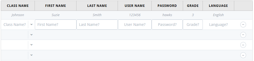 Student import table with an example row: class name, first and last name, user name, password, grade, language